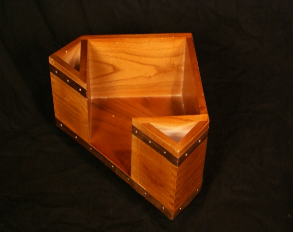 Stained custom wood napkin holder display with copper banding
